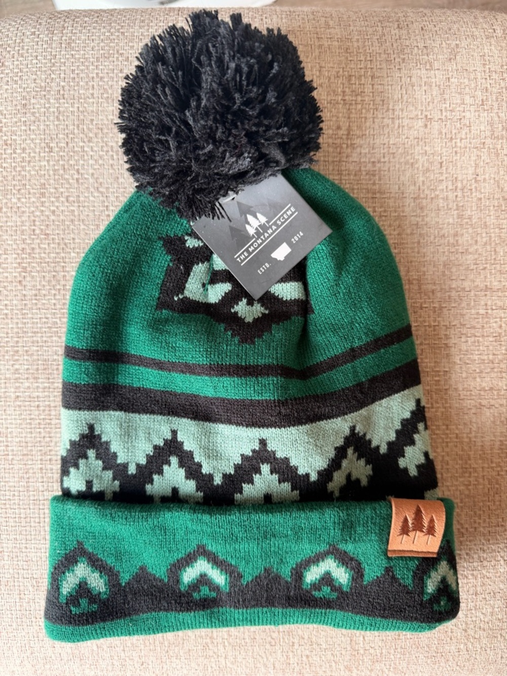 Forest Pattern Knit Pom Beanie in Green and Black